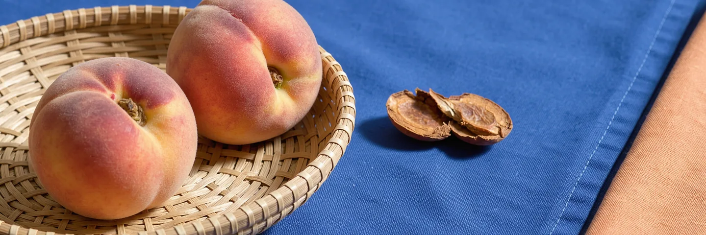 Peaches and one split stone seen close to the basket rim against a broad plain blue cloth