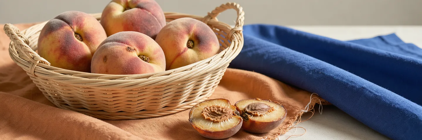 A small everyday basket holding whole peaches on apricot cloth beside a quiet royal-blue fold