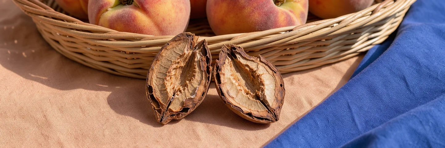 One split peach stone resting on apricot cloth beside whole peaches in a simple basket