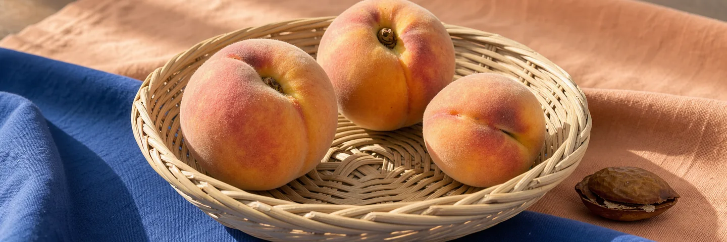 Three whole peaches of slightly different sizes sharing a plain fruit basket on blue cloth